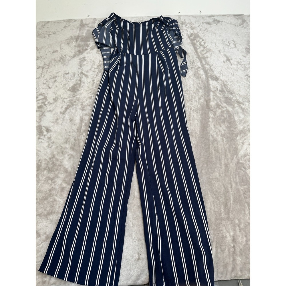 Fancy Qube‎ Jumpsuit Women's Size Small Blue & White Striped Tie Off Wide Leg